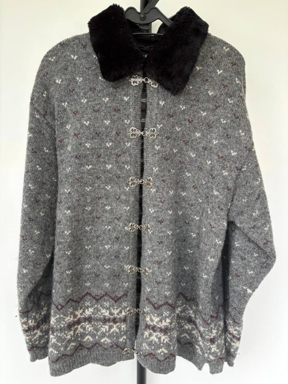Vintage Mac & Jac Womens 100% Wool Cardigan Jacket With Fur Collar Size M